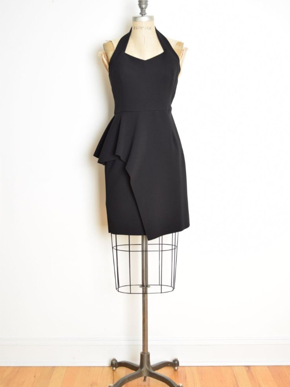 Halston Heritage dress black knit asymmetrical peplum halter cocktail mini XS